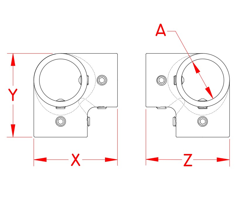 Stainless Steel 3-Way Rail Corner, Railing and Bimini, S3666-0000, S3666-0001, Line Drawing